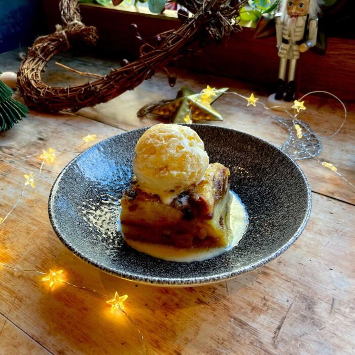 Panettone bread & butter pudding, marmalade & vanilla cream